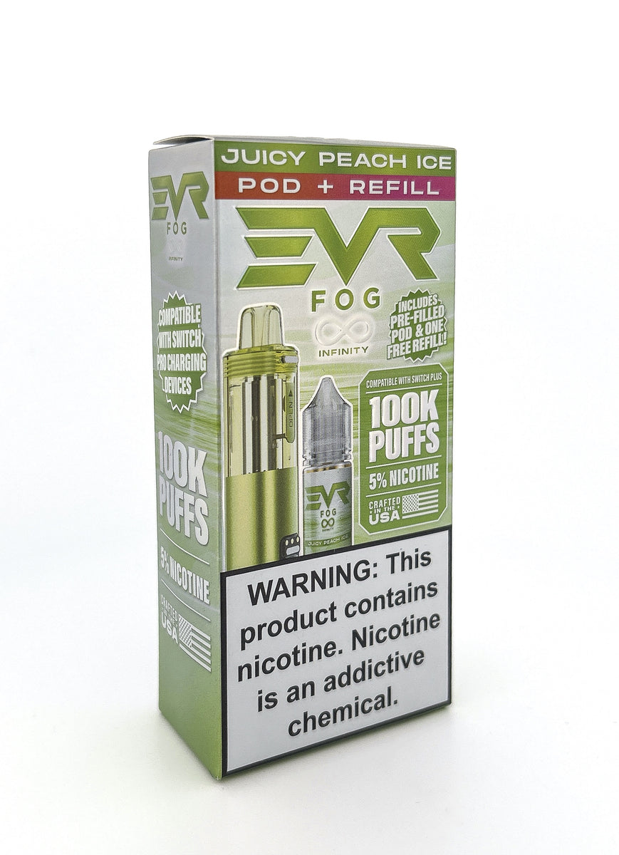 EVR FOG INFINITY DISPOSABLE POD / JUICY PEACH ICE / 50MG / 30ML / 100K PUFFS